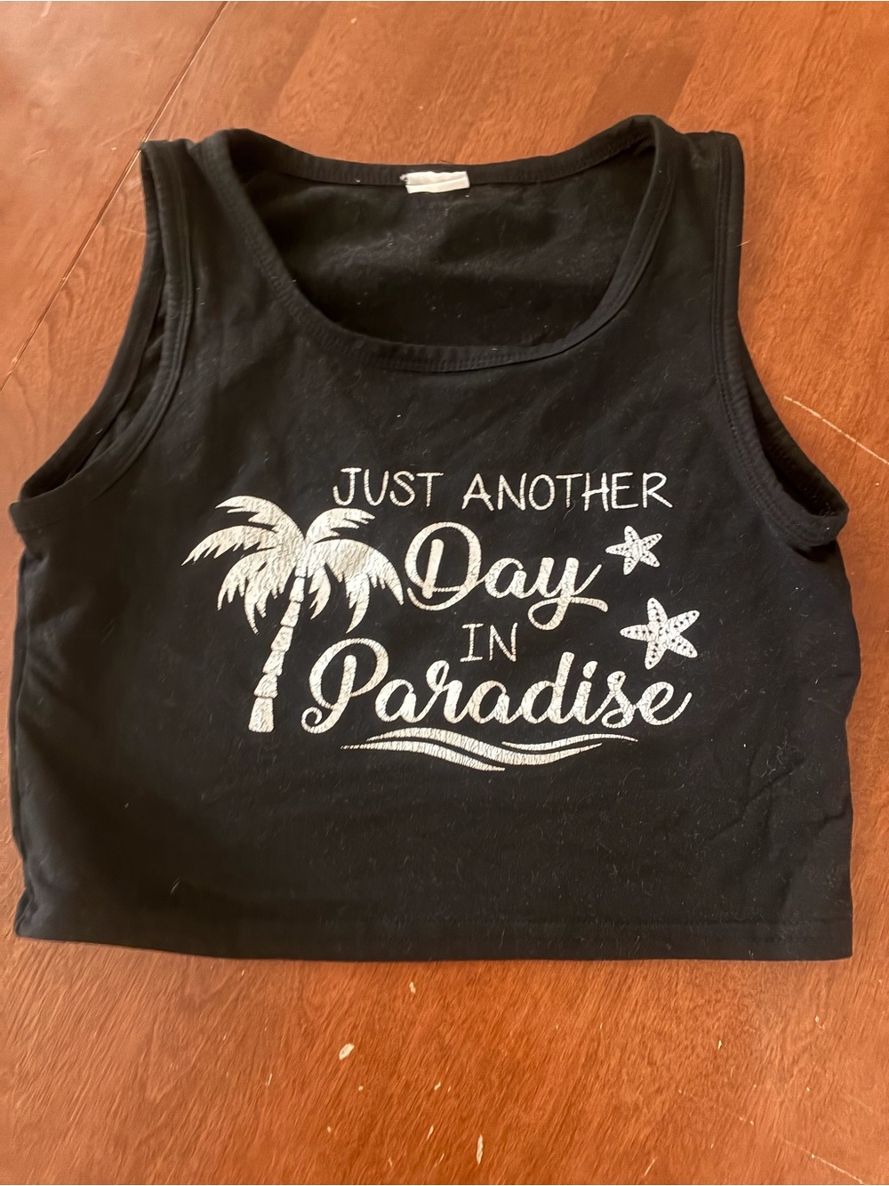 SHEIN Black Crop Tank with Silver 'Day in Paradise' Graphic